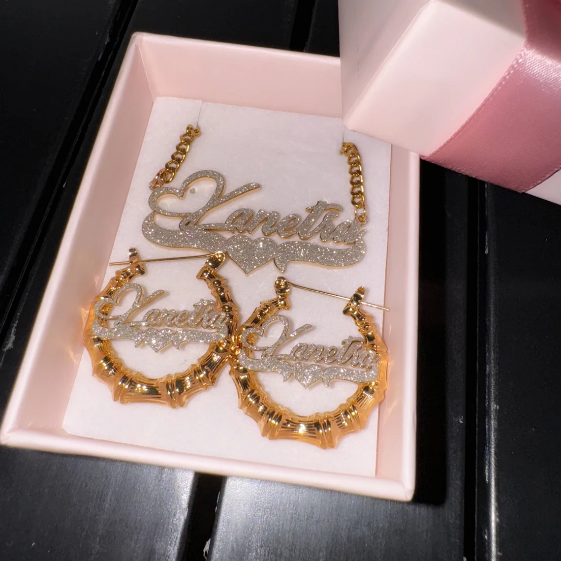 Shiny Bling Personalized Heart Nameplate Necklace Bamboo Earrings Set
