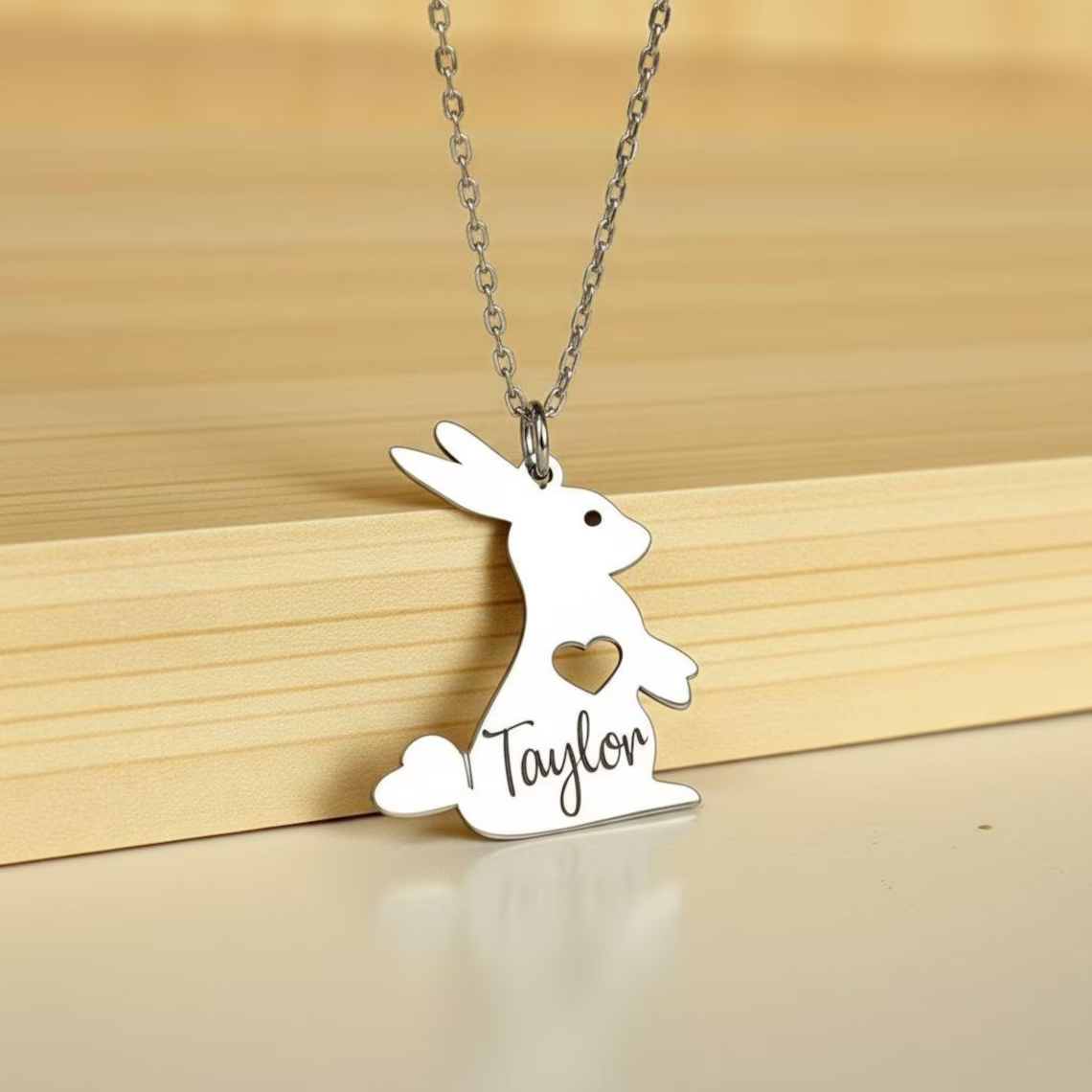 Bunny Rabbit Personalized Heart Engraved Name Necklace Easter Gift