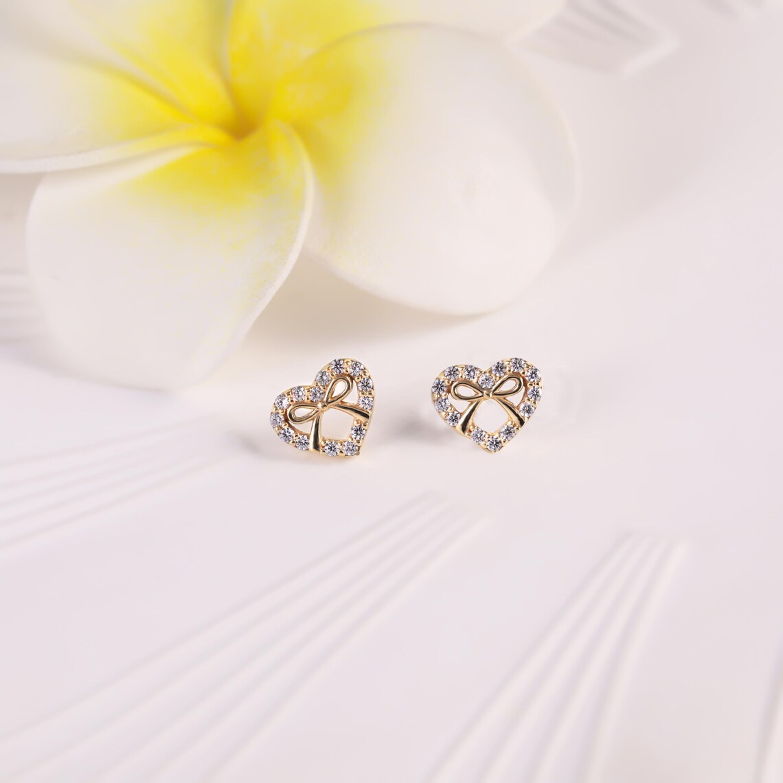 Dainty Zirconia Heart Bowknot Stud Earring Ribbon Earrings
