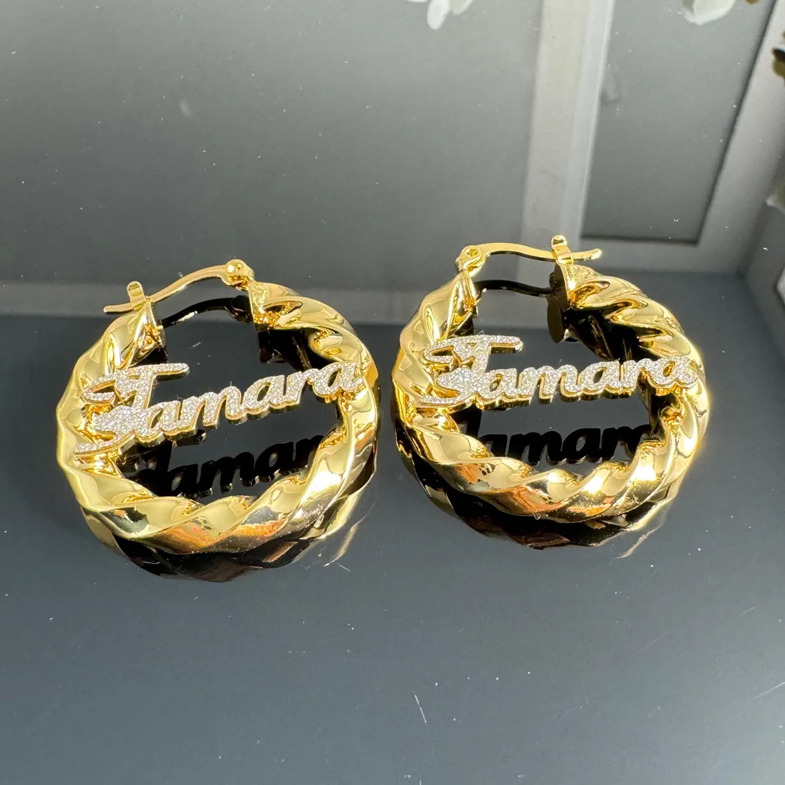 Shinny Heart Nameplate Custom Twist Hoop Earrings