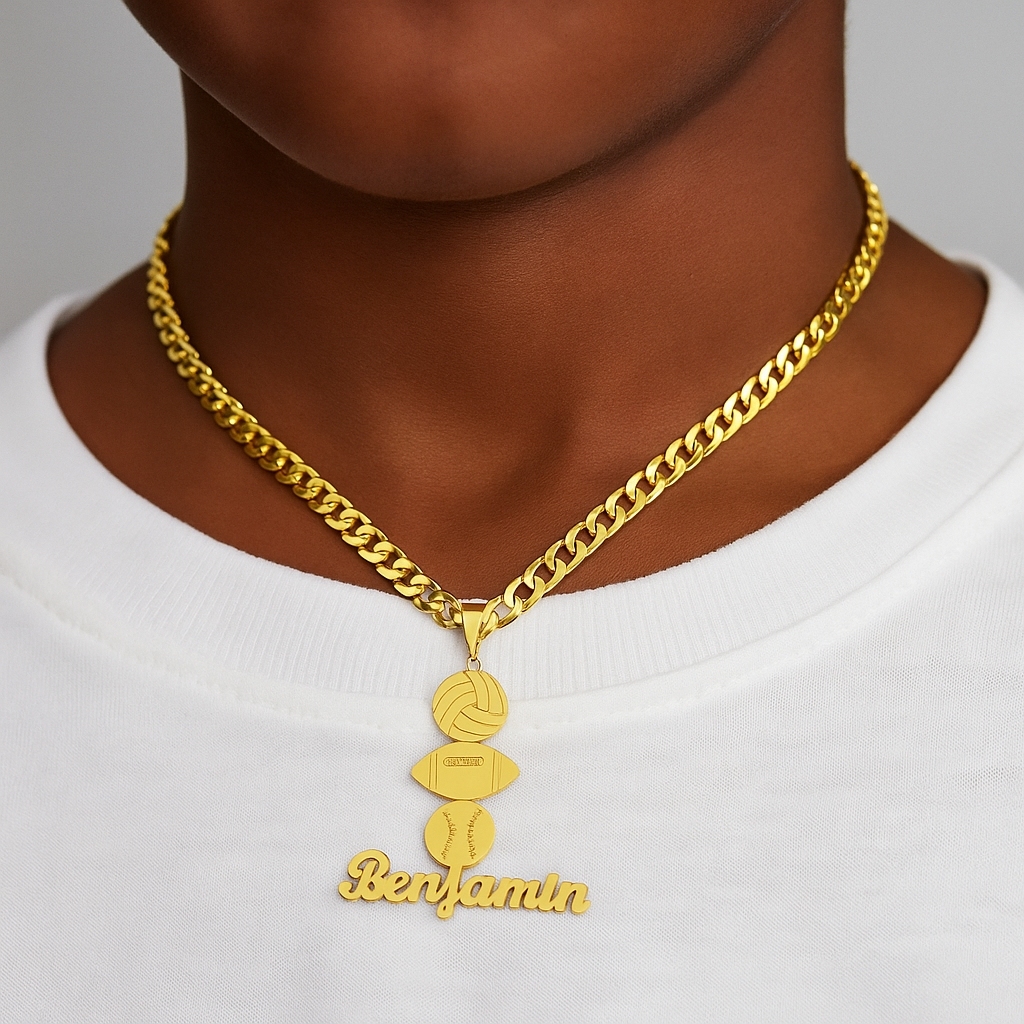 Custom Sports Nameplate with Volleyball Football Tennis Necklace