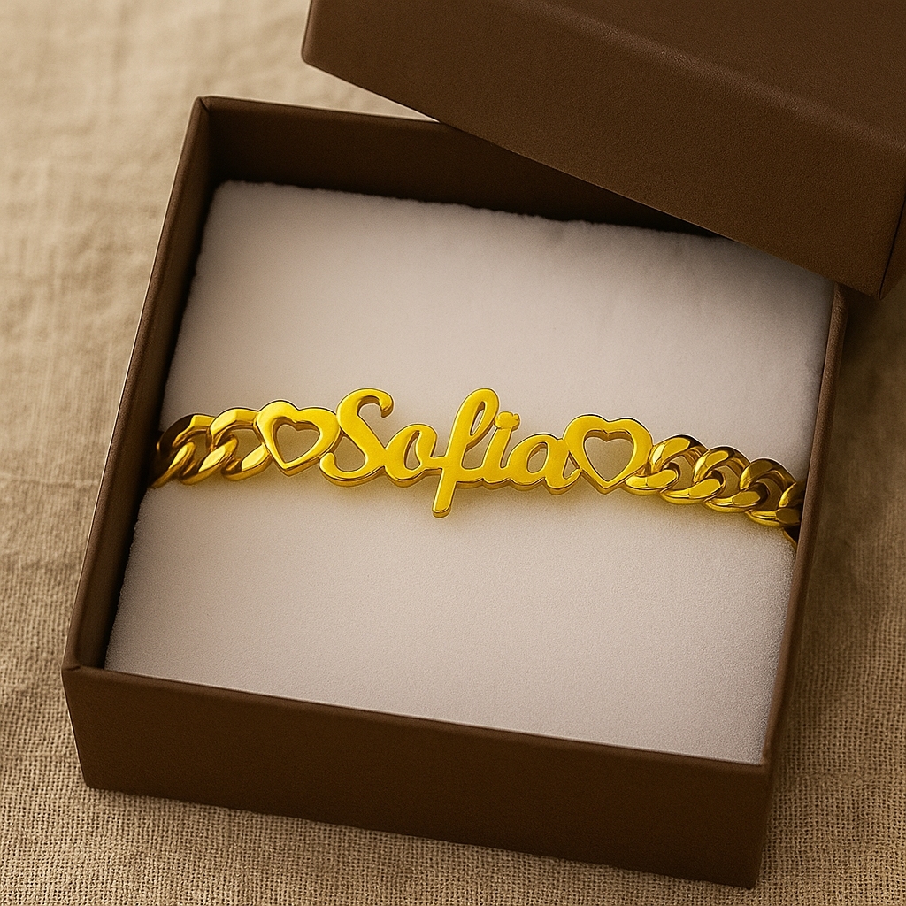 Personalized Double Hollow Hearts Nameplate Bracelet Cuban Chain
