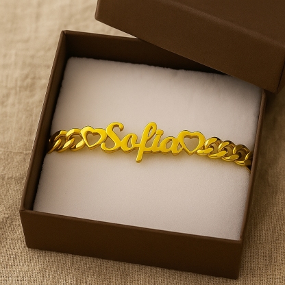 Personalized Double Hollow Hearts Nameplate Bracelet Cuban Chain