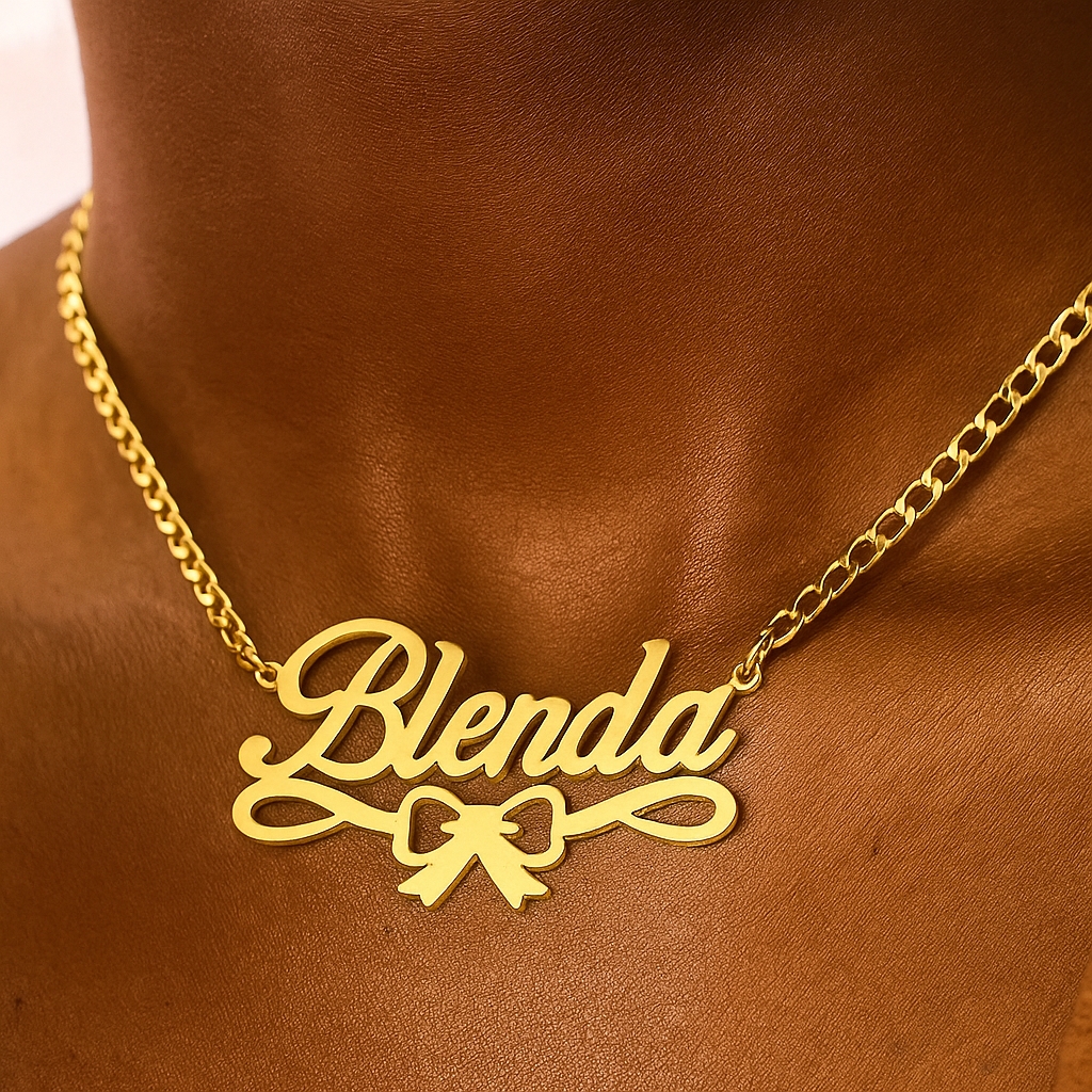 Personalized Gold Plated Bowtie Nameplate Necklace For Girls