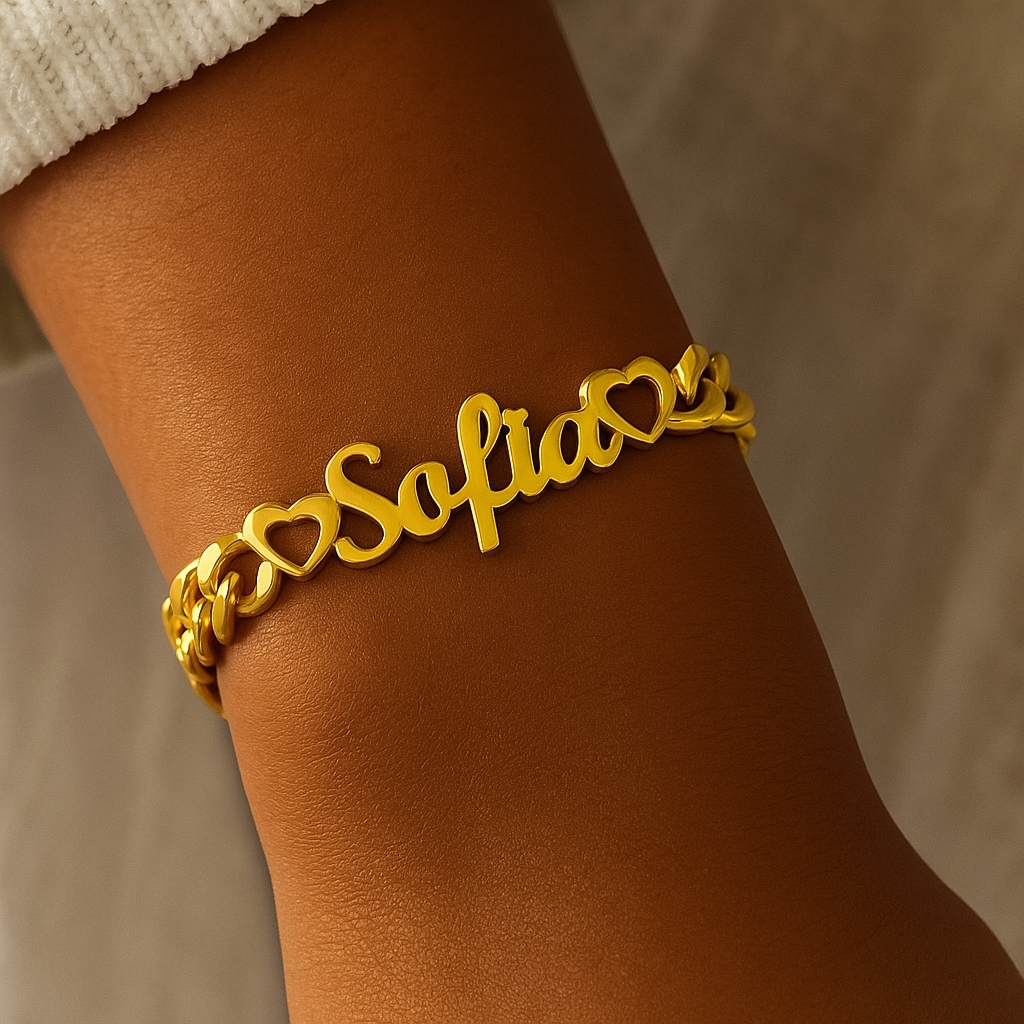 Personalized Double Hollow Hearts Nameplate Bracelet Cuban Chain