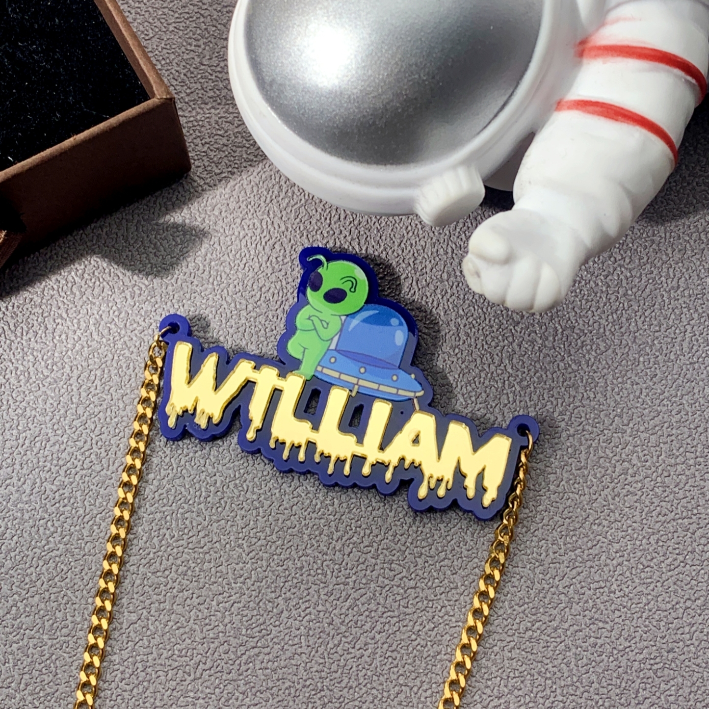 Acrylic with Alien Spaceship Personalized Name Necklace