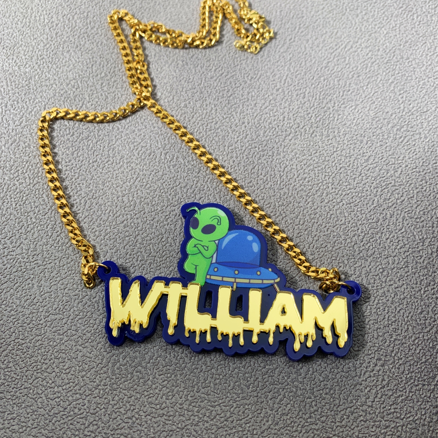 Acrylic with Alien Spaceship Personalized Name Necklace 