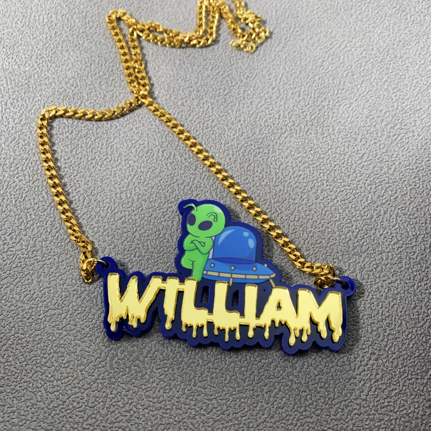 Acrylic with Alien Spaceship Personalized Name Necklace