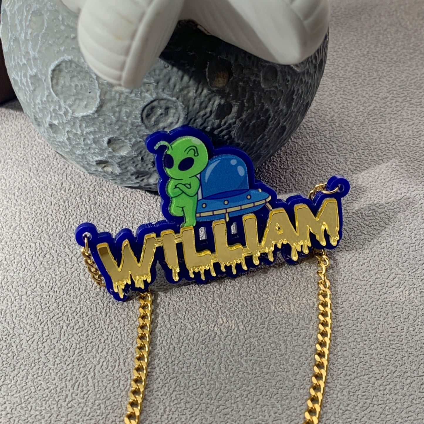 Acrylic with Alien Spaceship Personalized Name Necklace