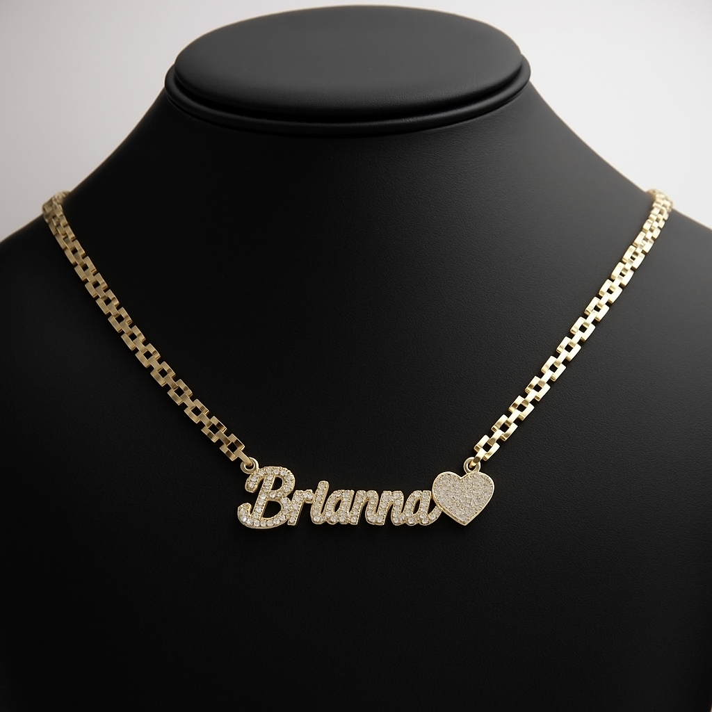 6.5 mm Rx Chain Zirconia Heart Nameplate Custom Necklace