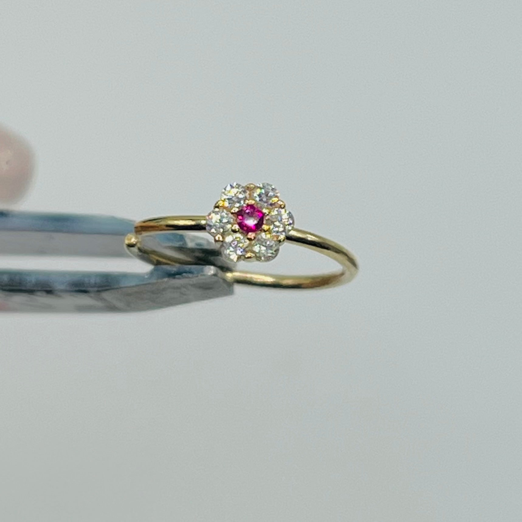 Gold Plated CZ White Flower with Ruby Nose Ring Hoop