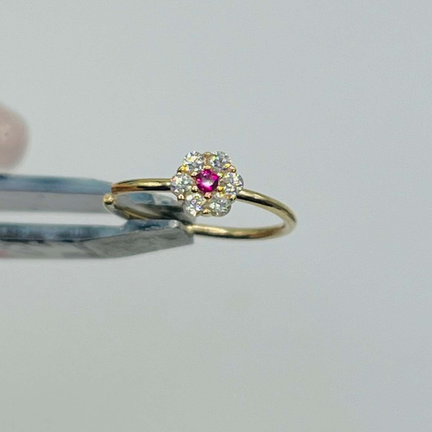 Gold Plated CZ White Flower with Ruby Nose Ring Hoop