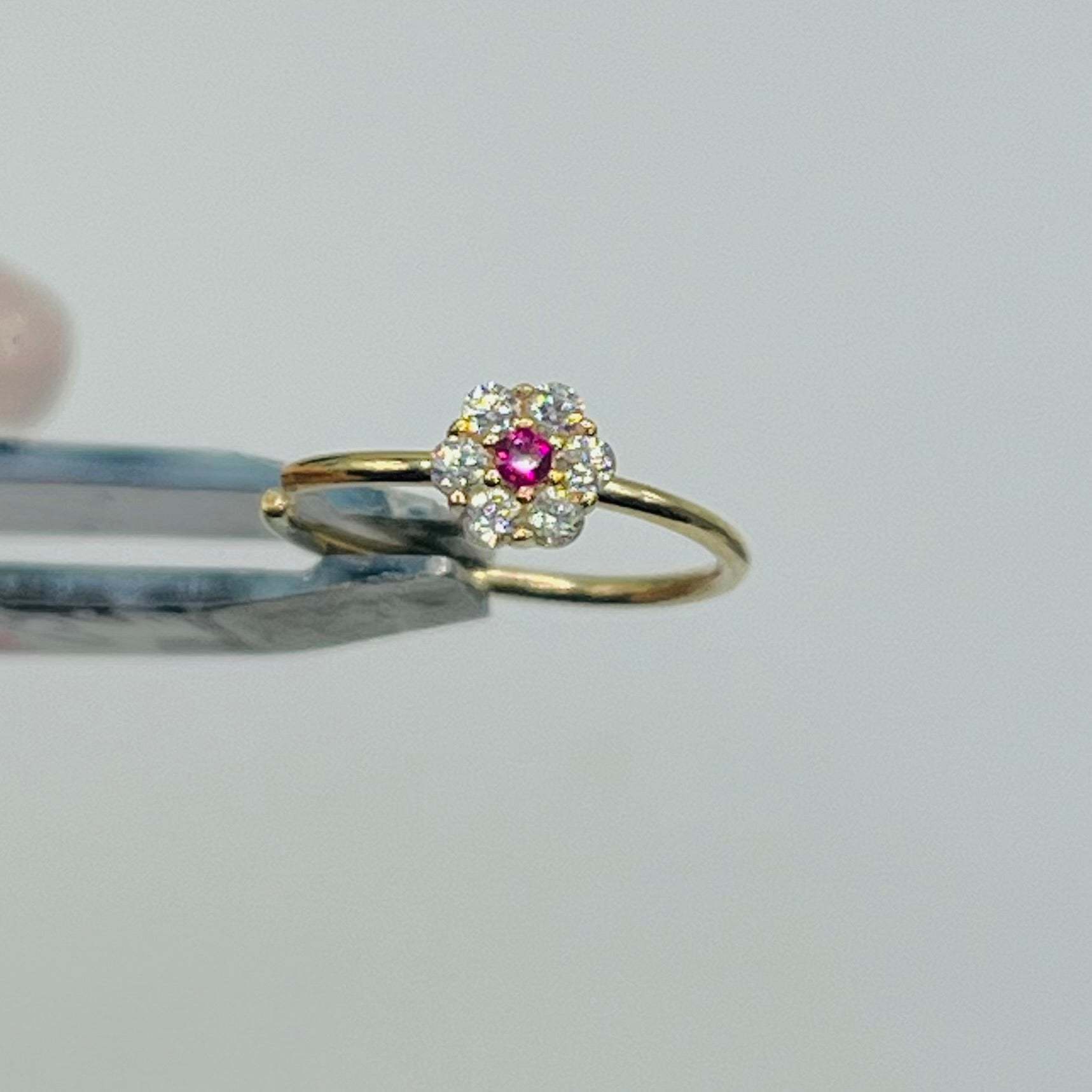 Gold Plated CZ White Flower with Ruby Nose Ring Hoop