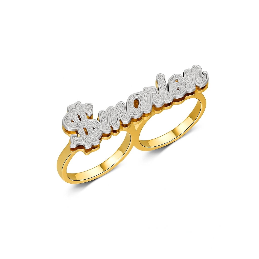 Two Tone Double Plate Dollar Nameplate Two Finger Ring