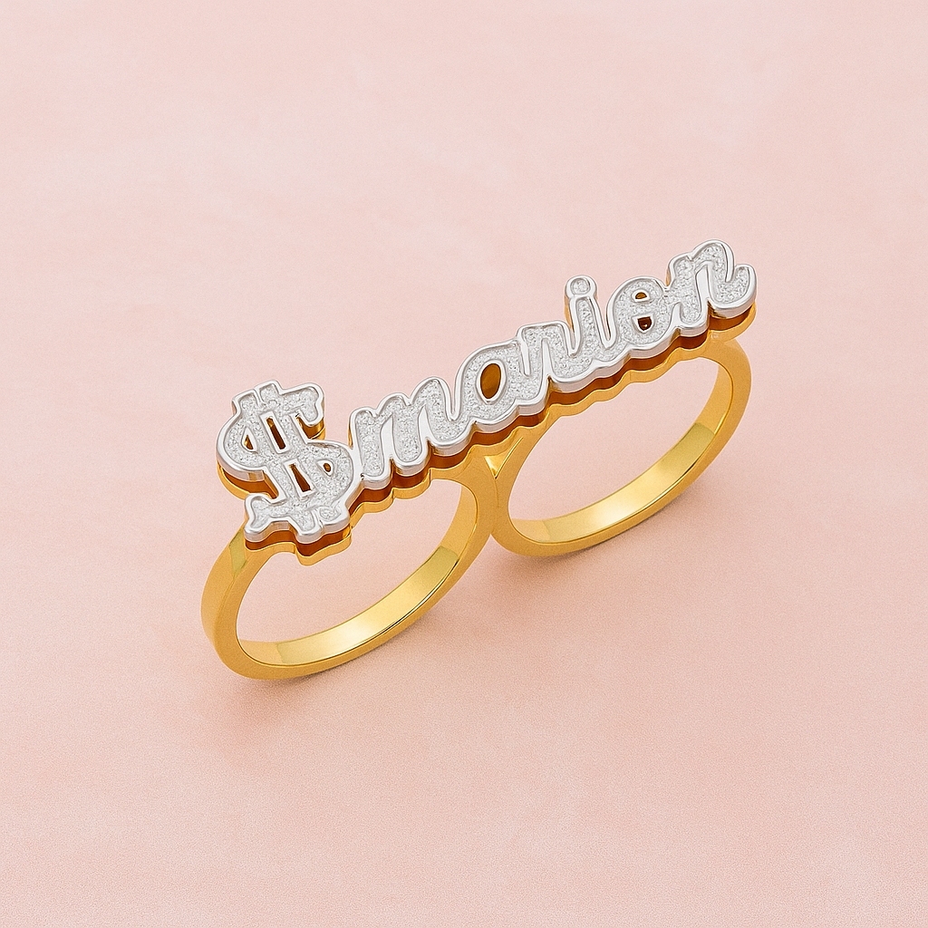 Two Tone Double Plate Dollar Nameplate Two Finger Ring