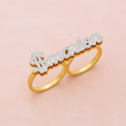 Two Tone Double Plate Dollar Nameplate Two Finger Ring