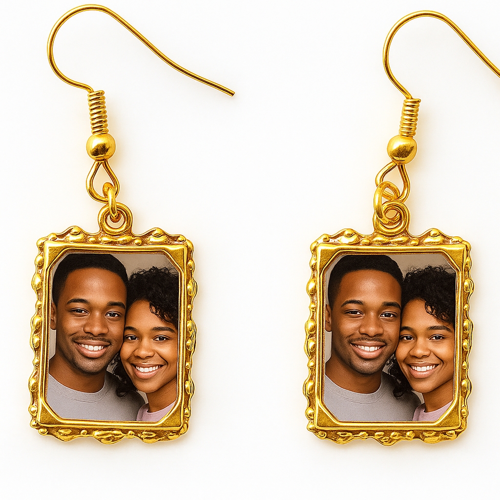 Gold Plated Custom Square Photo Dangle Earrigs Vintage Style