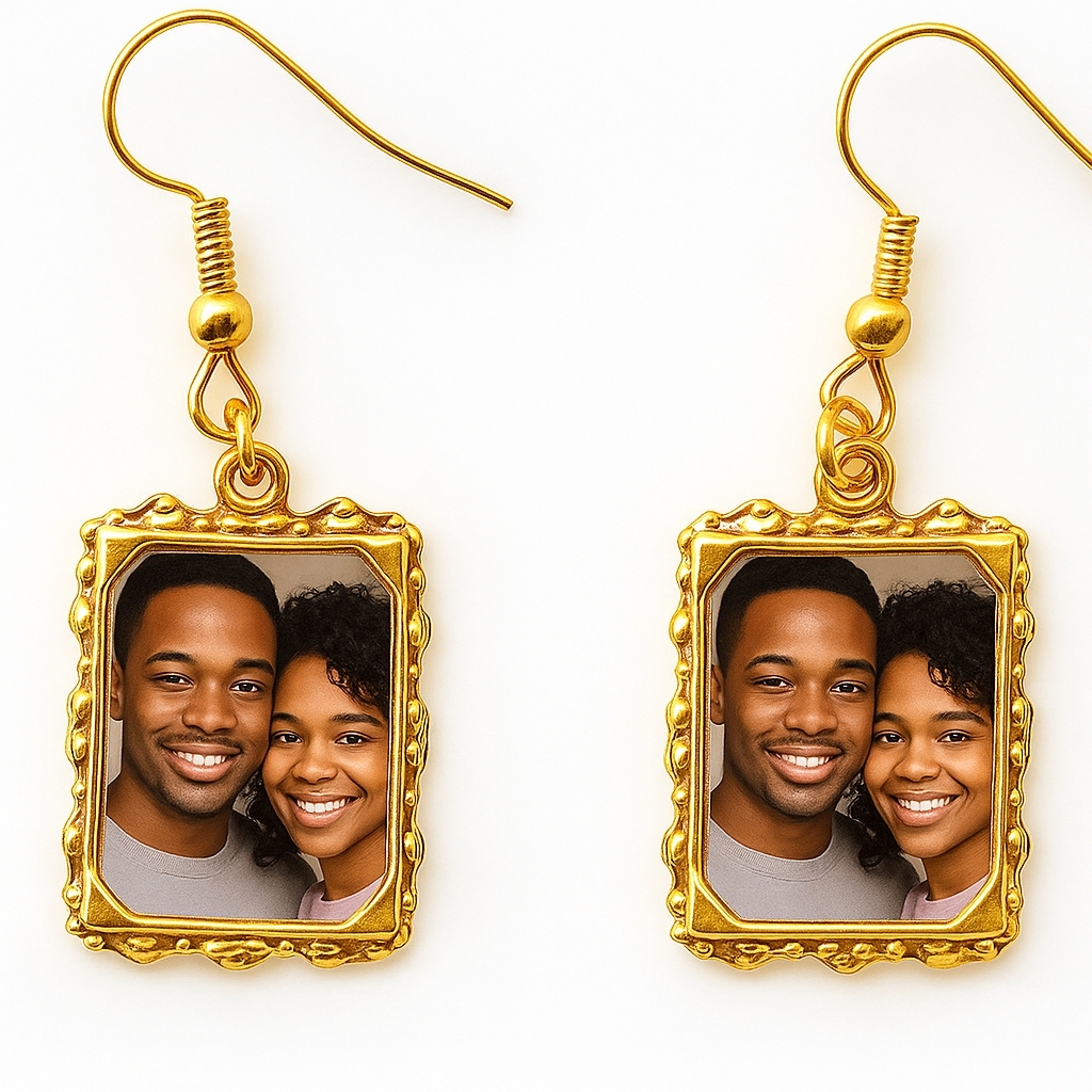 Gold Plated Custom Square Photo Dangle Earrigs Vintage Style