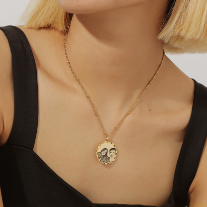 Round Portrait Pendant Bead Chain Stainless Steel Custom Picture Necklace