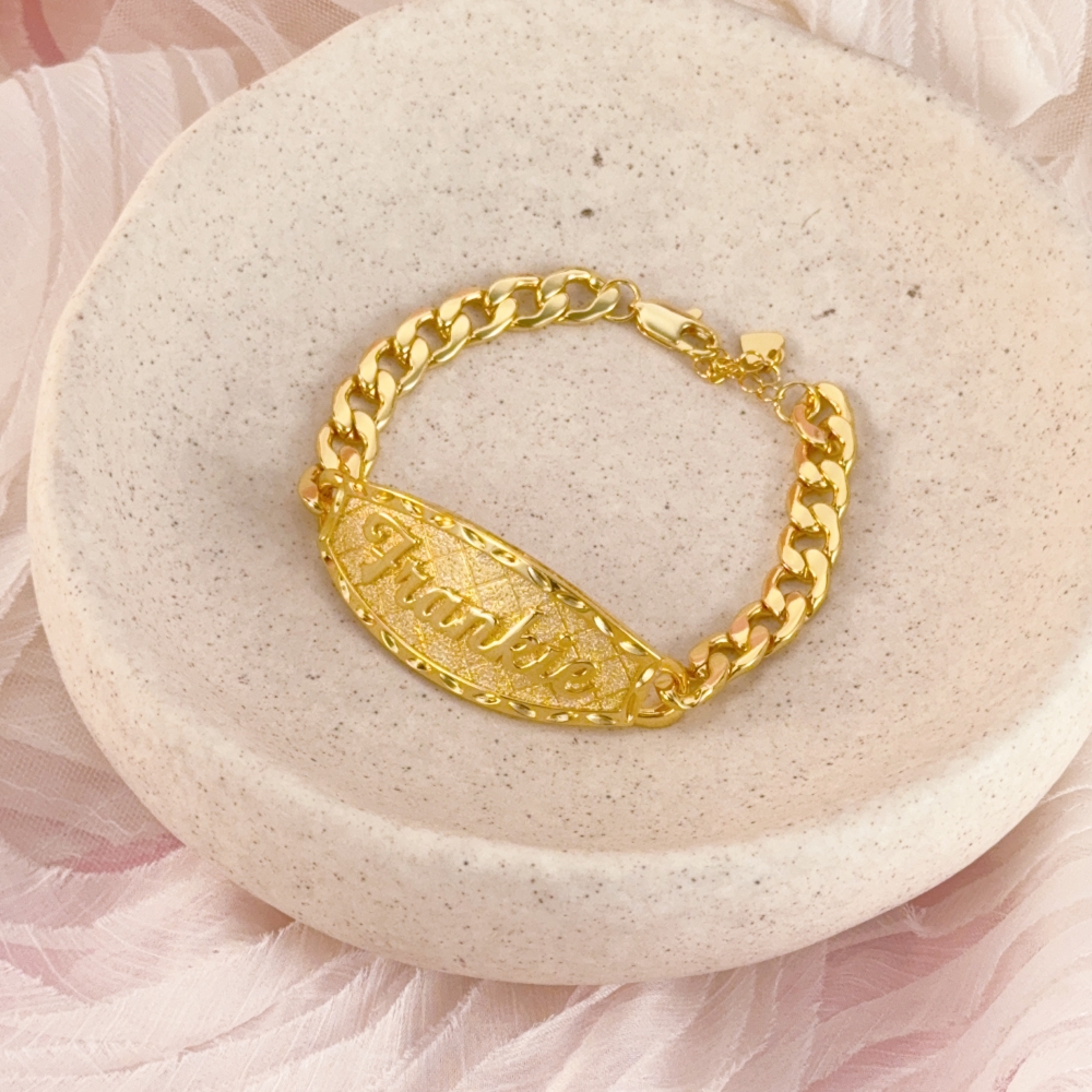 Custom ID Bar Diamond Cut 3D Name Bracelet Curb Chain