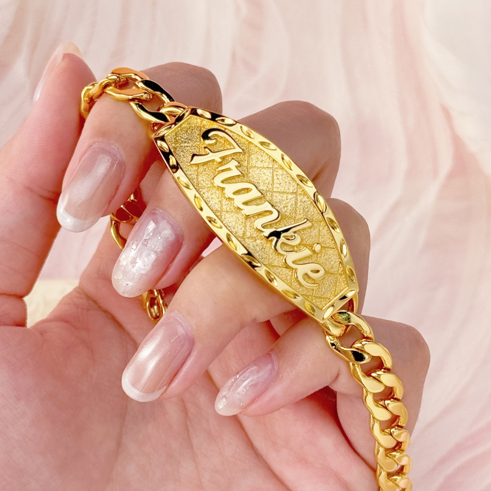 Custom ID Bar Diamond Cut 3D Name Bracelet Curb Chain