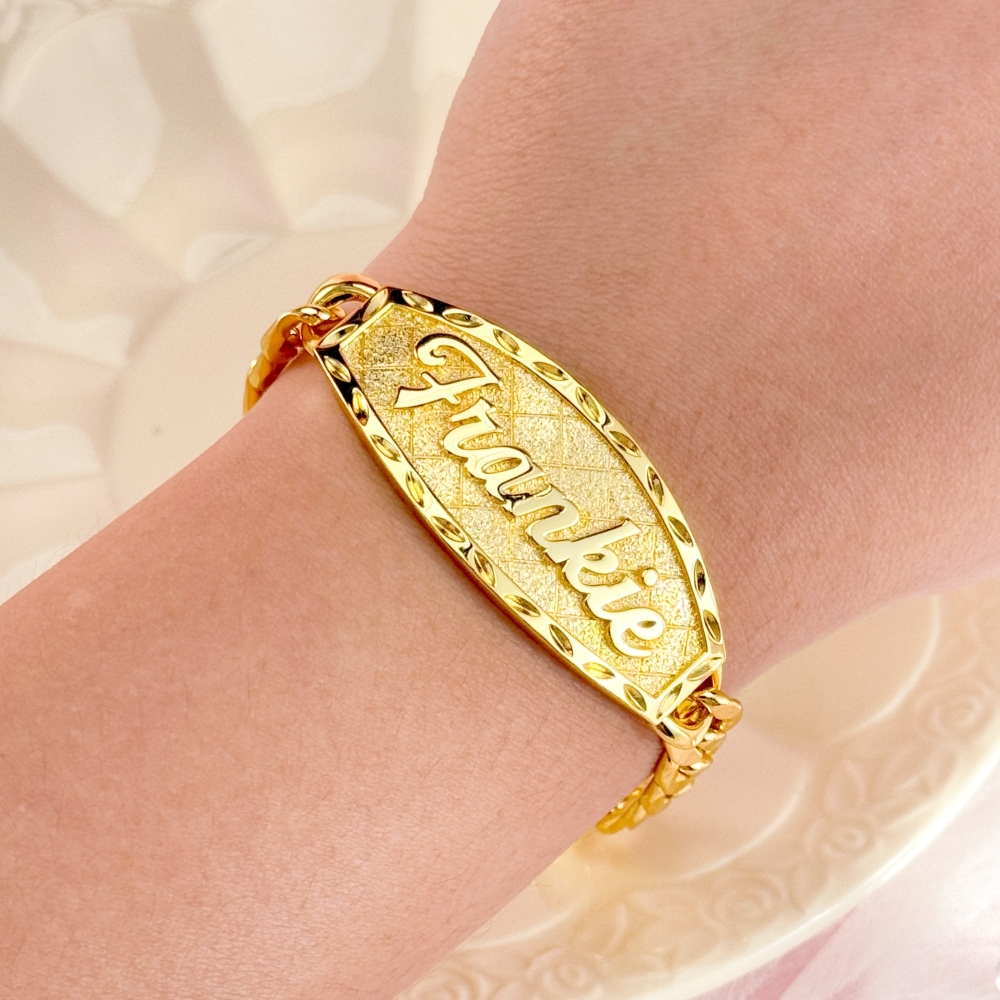 Custom ID Bar Diamond Cut 3D Name Bracelet Curb Chain