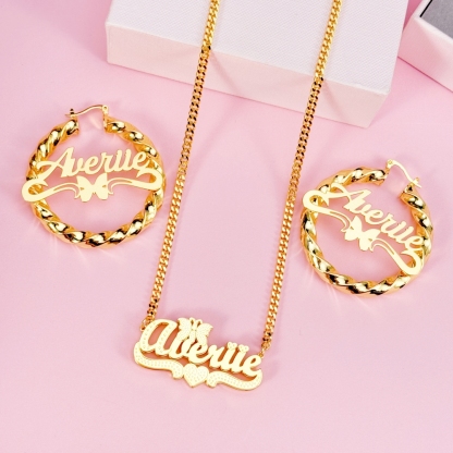Custom Butterfly Nameplate Necklace and Twist Hoop Earrigs Jewelry Set