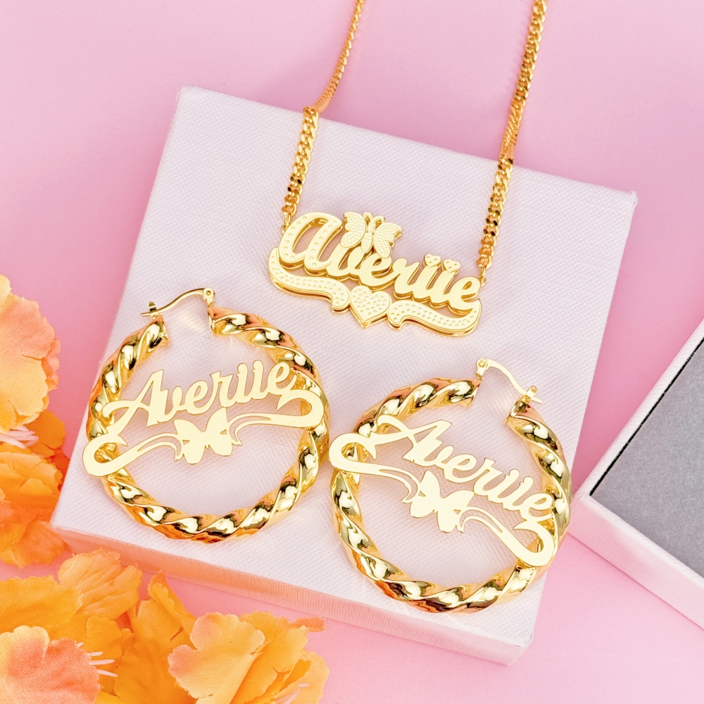 Custom Butterfly Nameplate Necklace and Twist Hoop Earrigs Jewelry Set