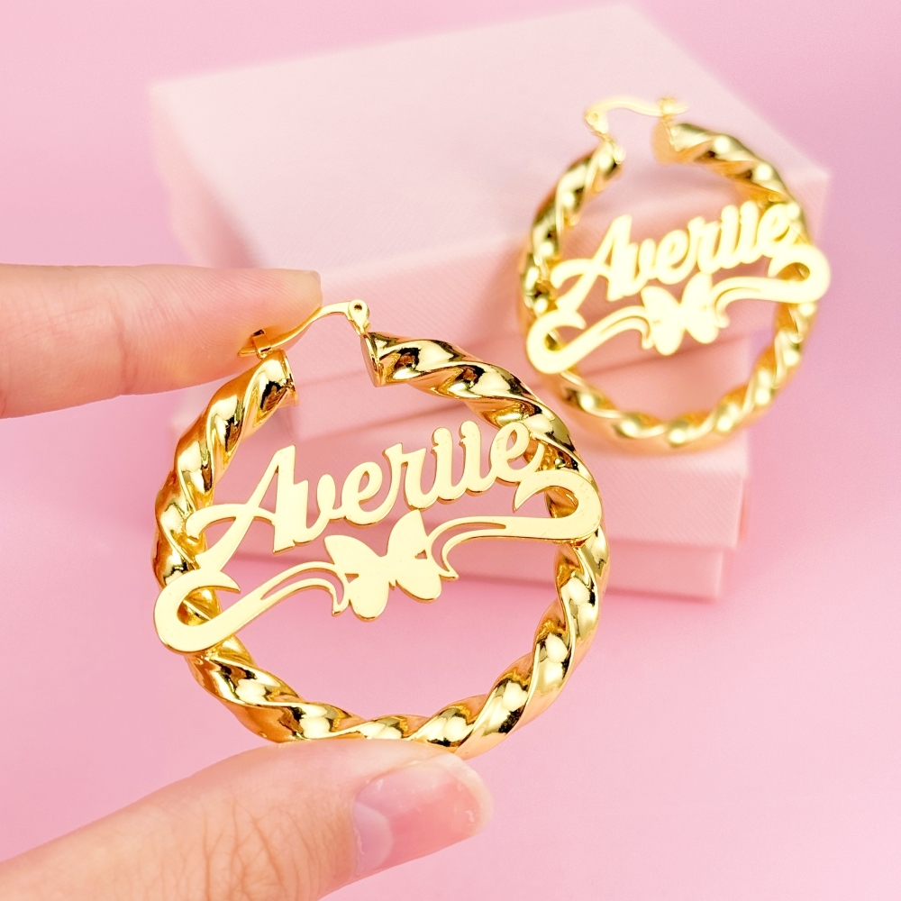 Custom Butterfly Nameplate Necklace and Twist Hoop Earrigs Jewelry Set