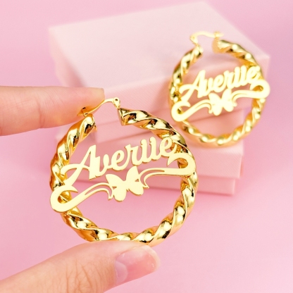 Custom Butterfly Nameplate Necklace and Twist Hoop Earrigs Jewelry Set