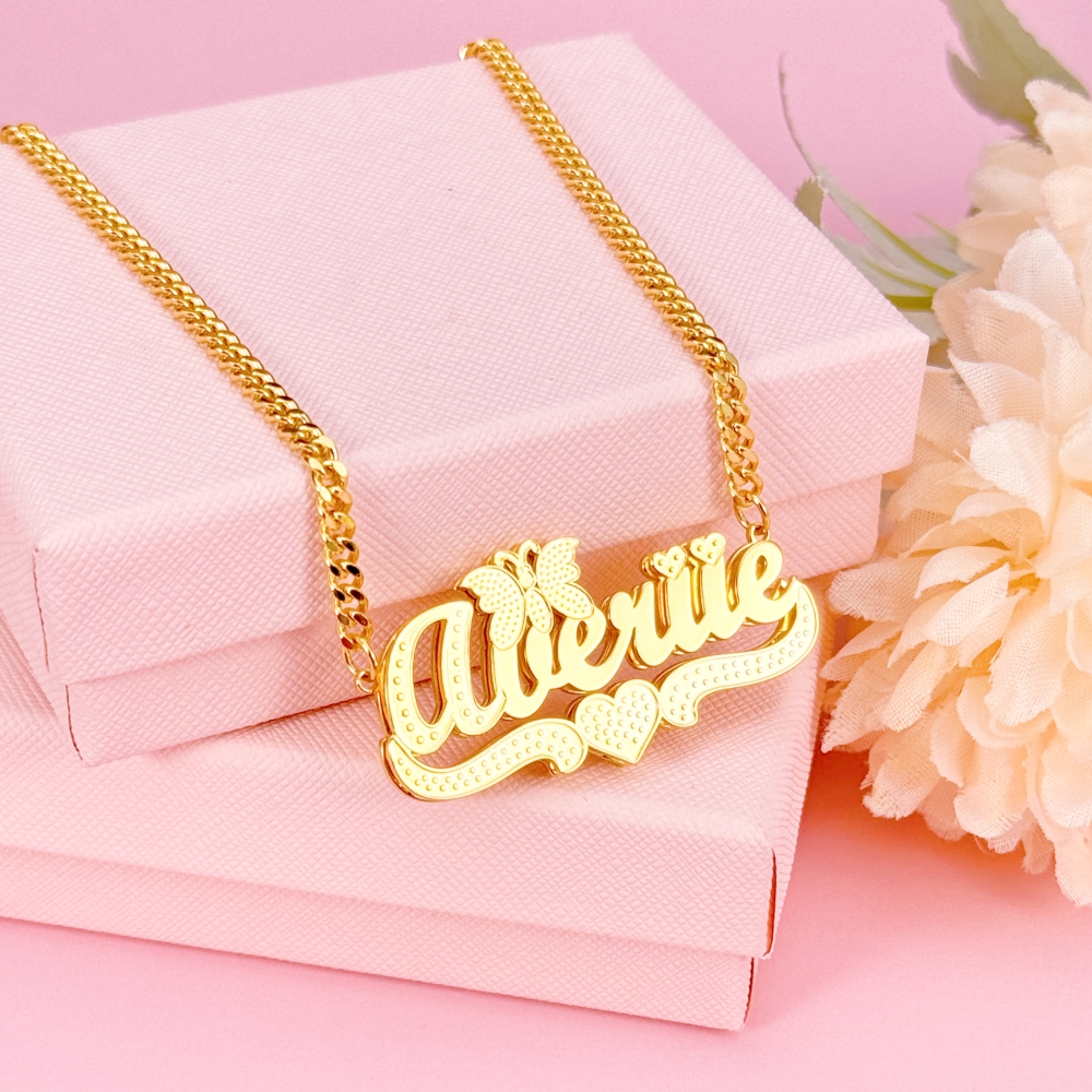Double Layer Butterfly Heart Nameplate Personalized Name Necklace 