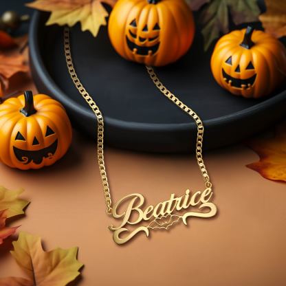 Bats Nameplate Cuban Chain Personalized Name Necklace Halloween GIift