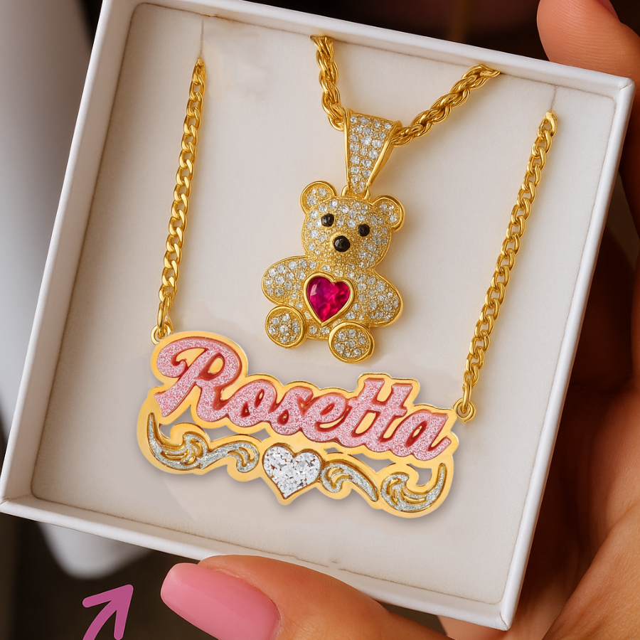 Cute Zircon Birthstone Teddy Pendant and Acrylic Pink Heart Name Necklace Set