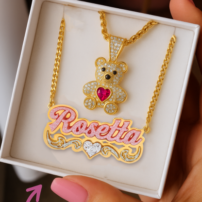 Cute Zircon Birthstone Teddy Pendant and Acrylic Pink Heart Name Necklace Set
