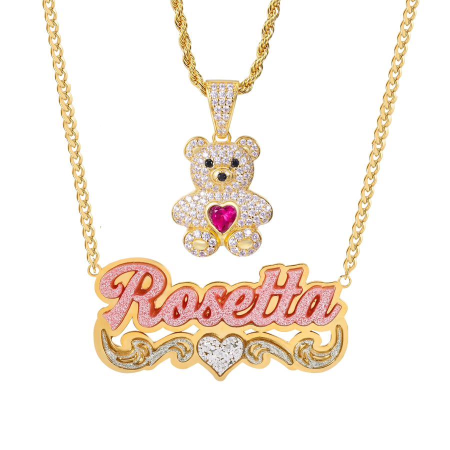 Cute Birthstone Teddy Pendant and Acrylic Pink Heart Name Necklace Set