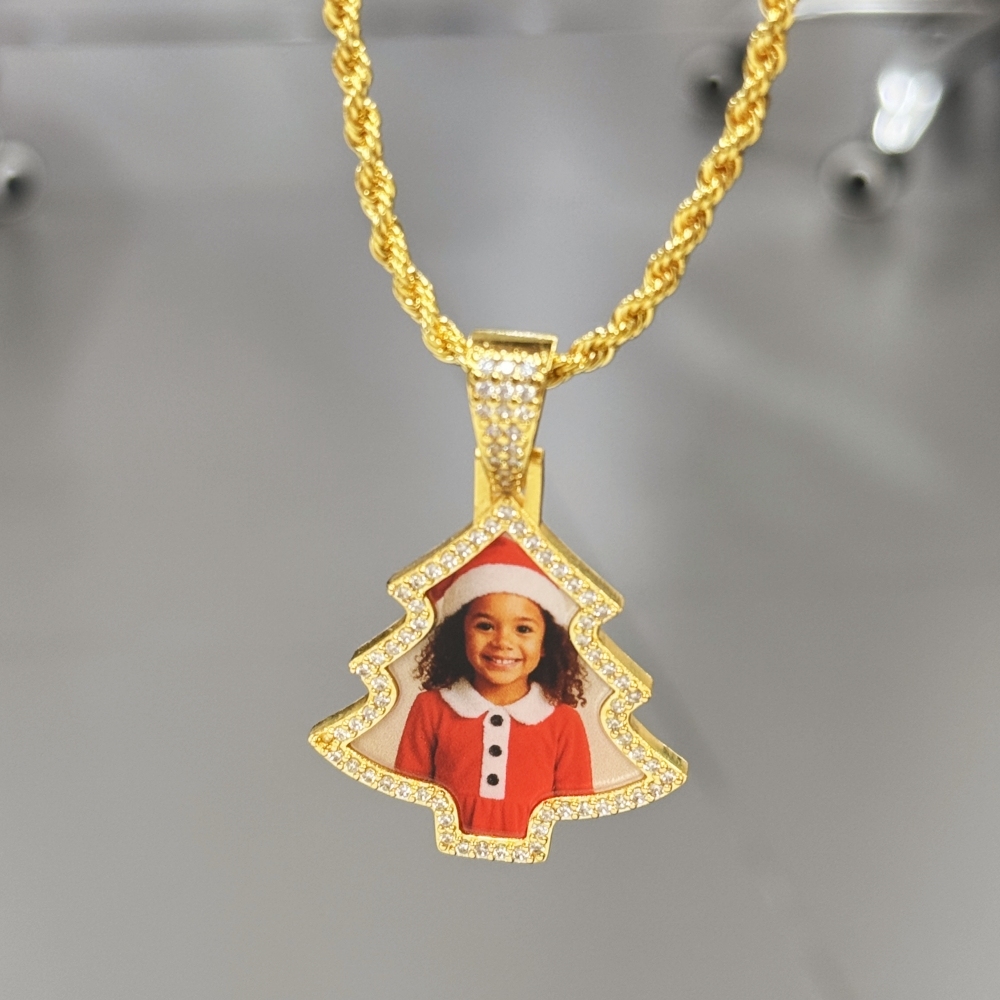 Christmas Tree Shape Zirconia Custom Photo Necklace Rope Chain