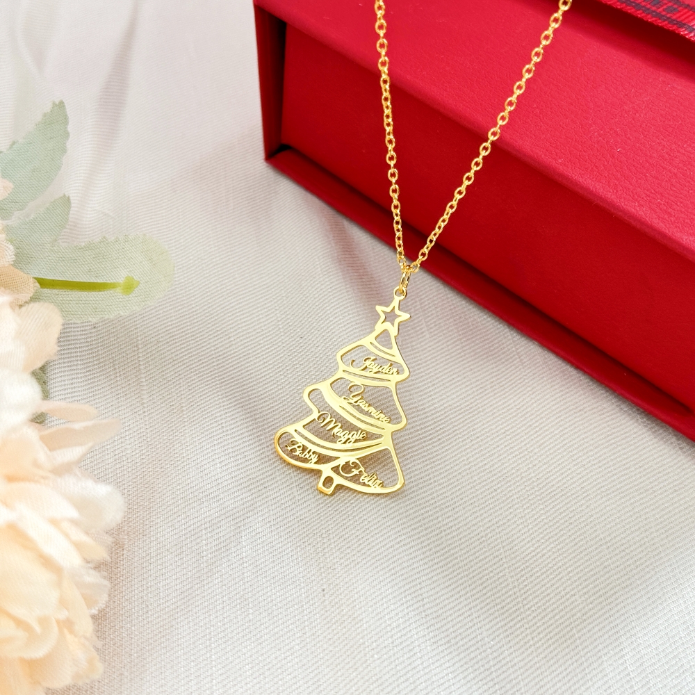5 Names Christmas Tree Gold Plated Personalized Custom Nameplate Pendant Name Necklace Chirstmas Gift
