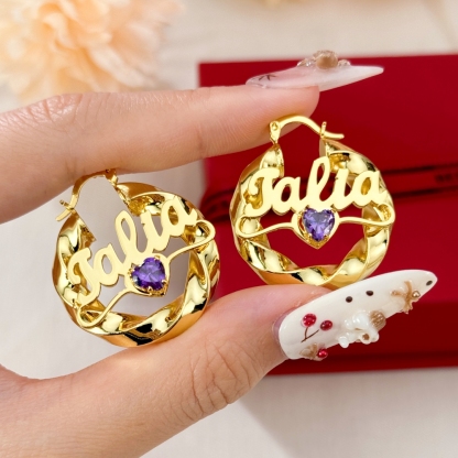 Custom Heart Birthstone Nameplate Necklace and Twist Hoop Earrings Set