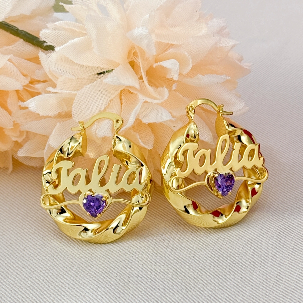 Custom Heart Birthstone Nameplate Necklace and Twist Hoop Earrings Set