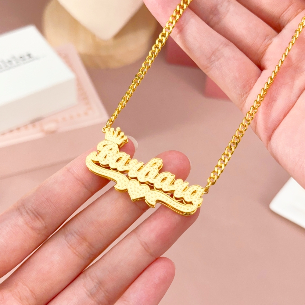 Double Layer Crown Heart Nameplate Pendant Personalized Name Necklace