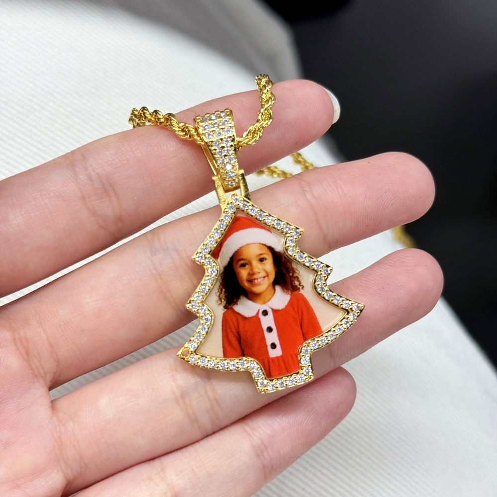 Christmas Tree Shape Zirconia Custom Photo Necklace Rope Chain