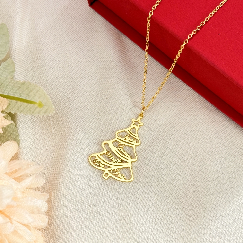 5 Names Christmas Tree Gold Plated Personalized Custom Nameplate Pendant Name Necklace Chirstmas Gift