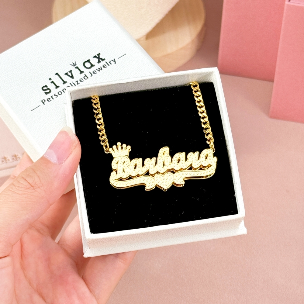 Double Layer Crown Heart Nameplate Pendant Personalized Name Necklace