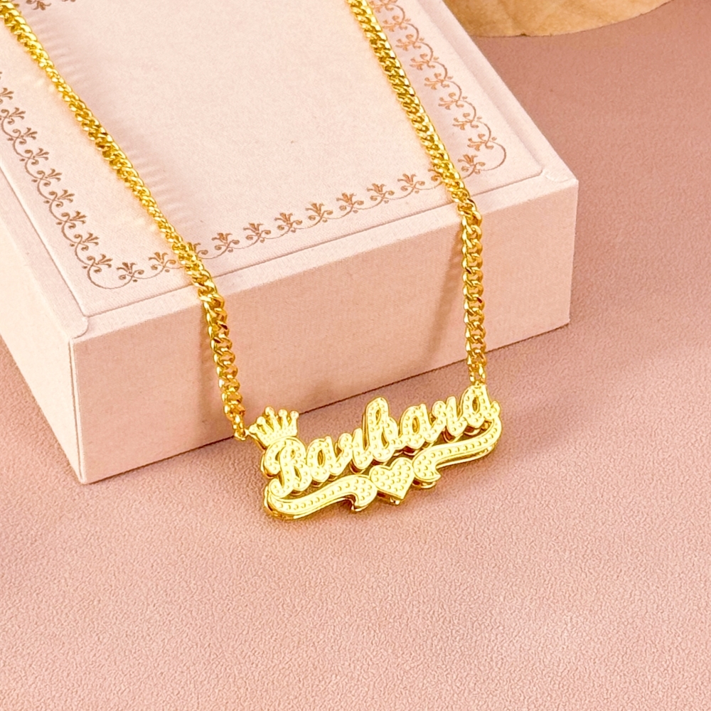 Double Layer Crown Heart Nameplate Pendant Personalized Name Necklace
