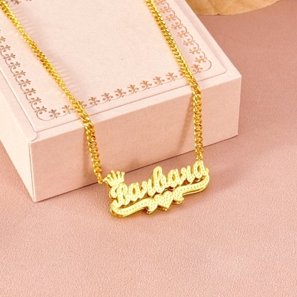 Double Layer Crown Heart Nameplate Pendant Personalized Name Necklace