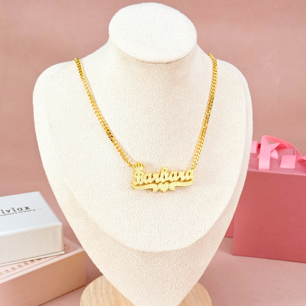 Double Layer Crown Heart Nameplate Pendant Personalized Name Necklace