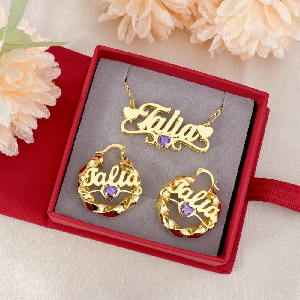 Custom Heart Birthstone Nameplate Necklace and Twist Hoop Earrings Set