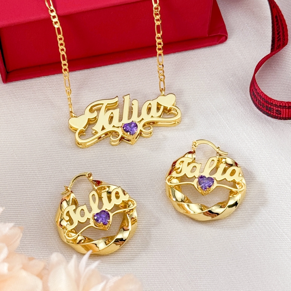 Custom Heart Birthstone Nameplate Necklace and Twist Hoop Earrings Set