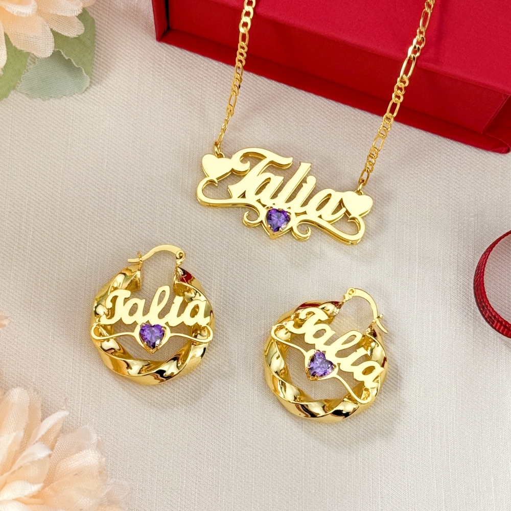 Custom Heart Birthstone Nameplate Necklace and Twist Hoop Earrings Set