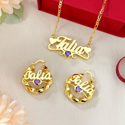 Custom Heart Birthstone Nameplate Necklace and Twist Hoop Earrings Set